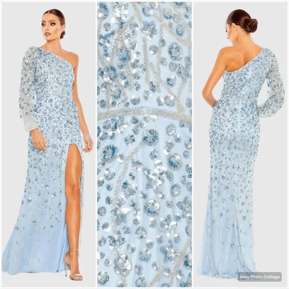 NWT MAC DUGGAL  5659 Blue Embellished One Sleeve Faux Wrap Gown 14